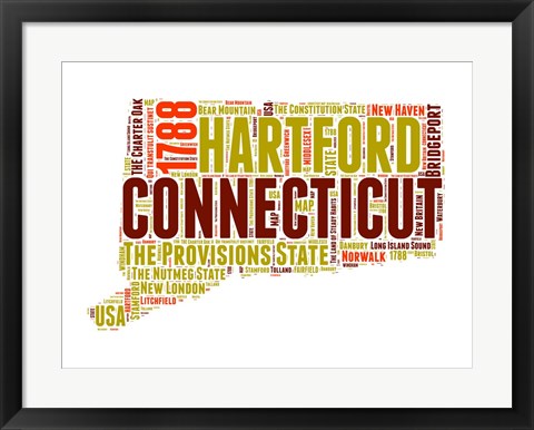 Framed Connecticut Word Cloud Map Print