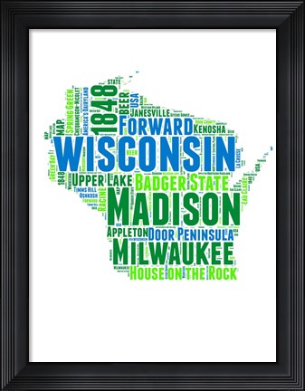 Framed Wisconsin Word Cloud Map Print