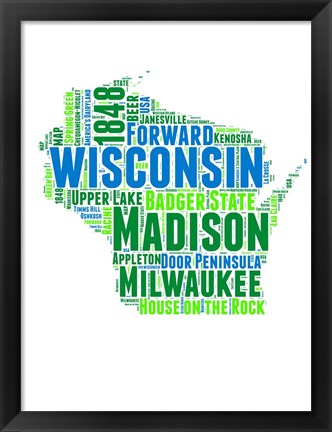 Framed Wisconsin Word Cloud Map Print