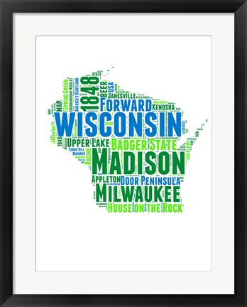 Framed Wisconsin Word Cloud Map Print
