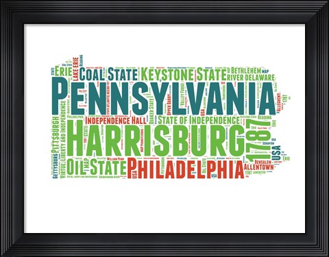 Framed Pennsylvania Word Cloud Map Print