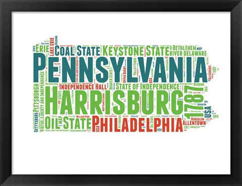 Framed Pennsylvania Word Cloud Map Print