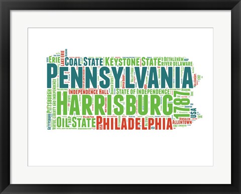 Framed Pennsylvania Word Cloud Map Print