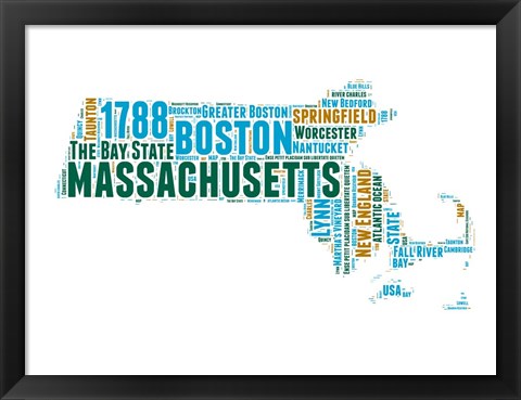 Framed Massachusetts Word Cloud Map Print