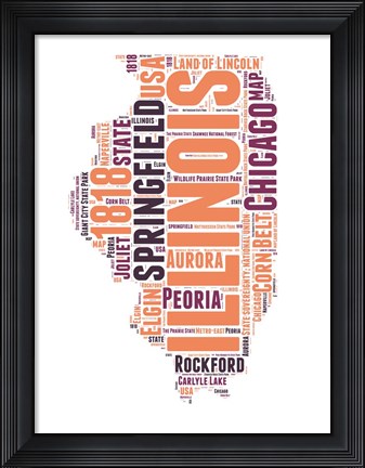 Framed Illinois Word Cloud Map Print
