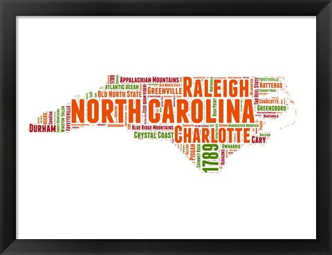 Framed North Carolina Word Cloud Map Print