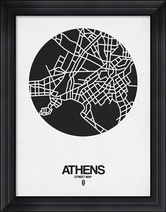 Framed Athens Street Map Black on White Print