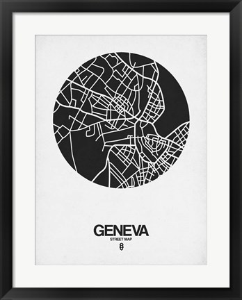 Framed Geneva Street Map Black on White Print