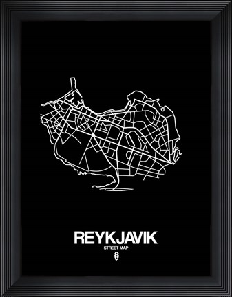 Framed Reykjavik Street Map Black Print