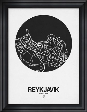 Framed Reykjavik Street Map Black on White Print