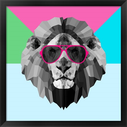 Framed Party Lion in Red Glasses Print