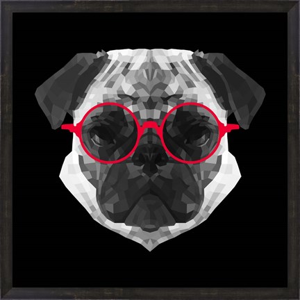 Framed Pug in Red Glasses Print