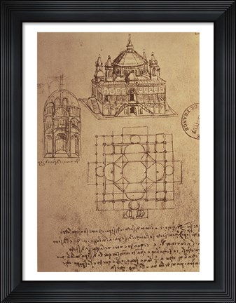 Framed Sketch of a Square Church with Central Dome &amp; Minaret Print