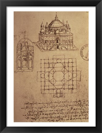 Framed Sketch of a Square Church with Central Dome &amp; Minaret Print