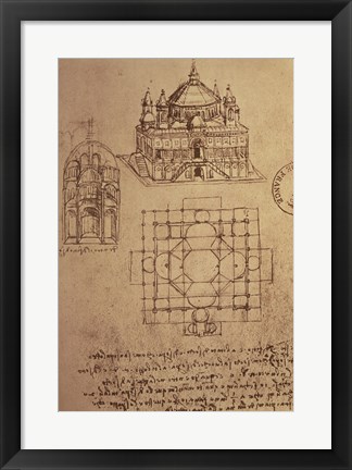 Framed Sketch of a Square Church with Central Dome &amp; Minaret Print