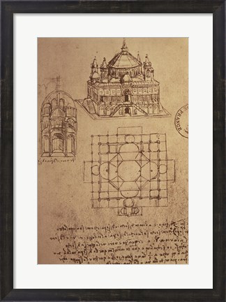 Framed Sketch of a Square Church with Central Dome &amp; Minaret Print