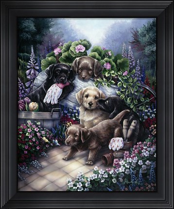 Framed Gardening Puppies Print