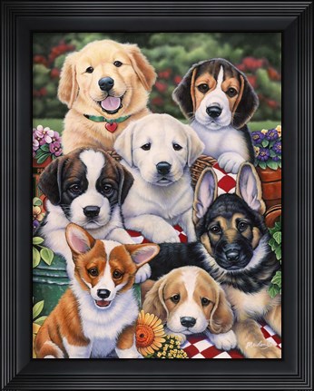 Framed Garden Puppies Print