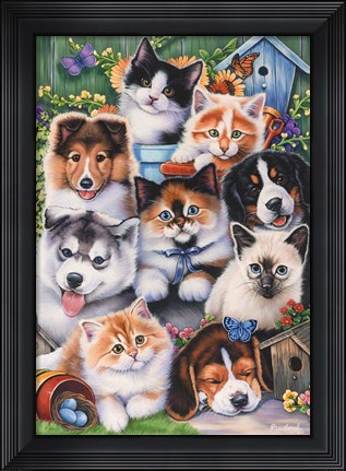 Framed Kittens &amp; Puppies In The Garden Print