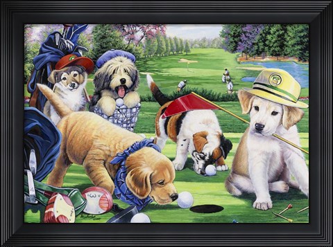 Framed Golfing Puppies Print