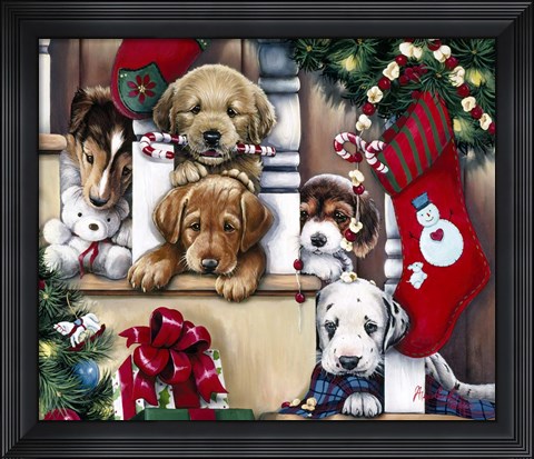Framed Christmas Puppies On The Loose Print