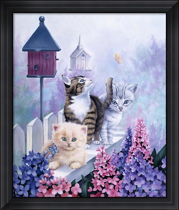 Framed Cats In Front Of The Birdfeeder Print