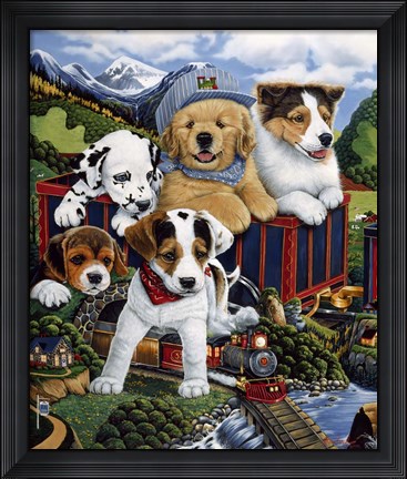Framed Choo Choo Puppies Print