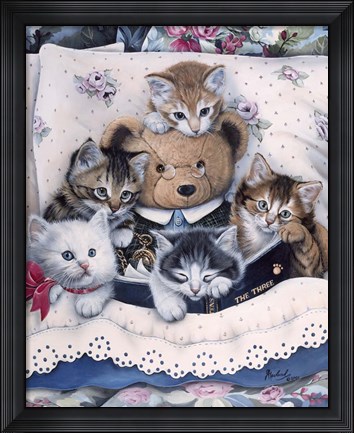 Framed Kittens And Teddy Bear Print