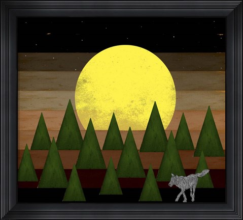 Framed Nighttime In The Forest With Wolf Print