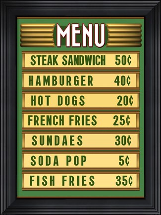 Framed Green Burger Joint Menu Print