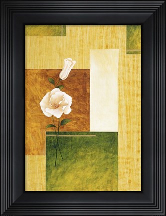 Framed White Flower on Green and Yellow 1 Print