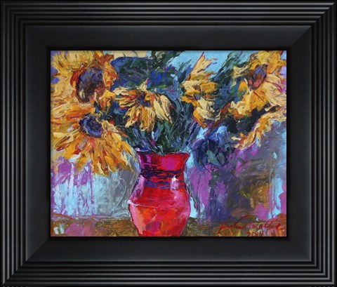 Framed Sunflowers In Red Vase Print