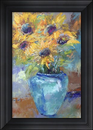 Framed Sunflowers With Light Blue Print