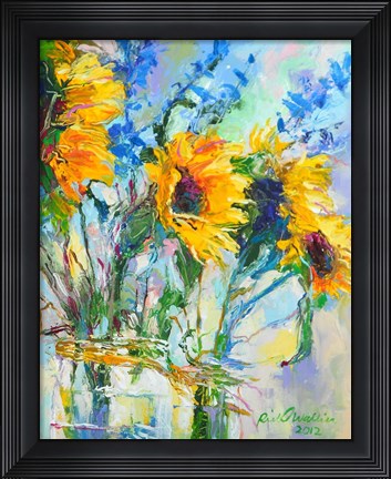 Framed Sunflowers In Glass Bottles Print