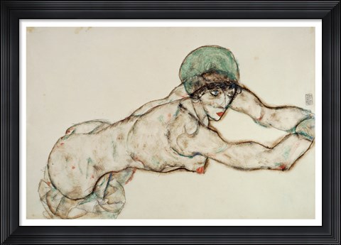 Framed Reclining Female Nude with Green Cap, Leaning to the Right, 1914 Print