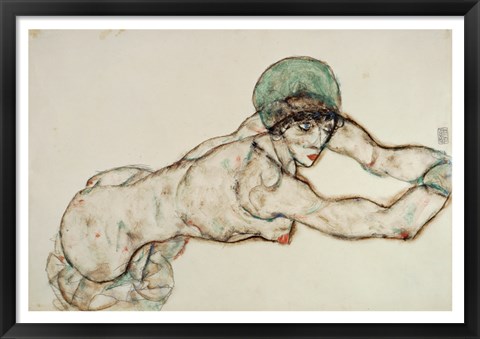 Framed Reclining Female Nude with Green Cap, Leaning to the Right, 1914 Print