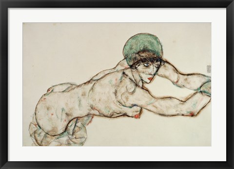 Framed Reclining Female Nude with Green Cap, Leaning to the Right, 1914 Print