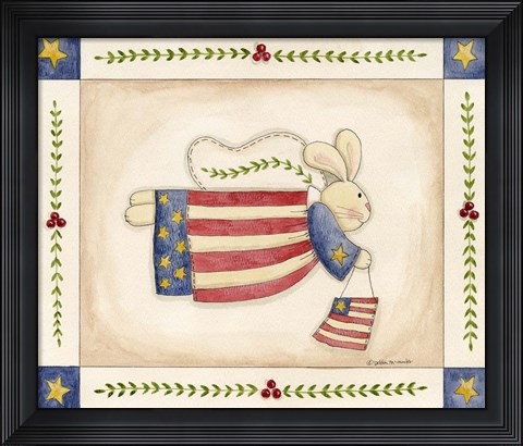 Framed Patriotic Bunny Angel With Flag Print