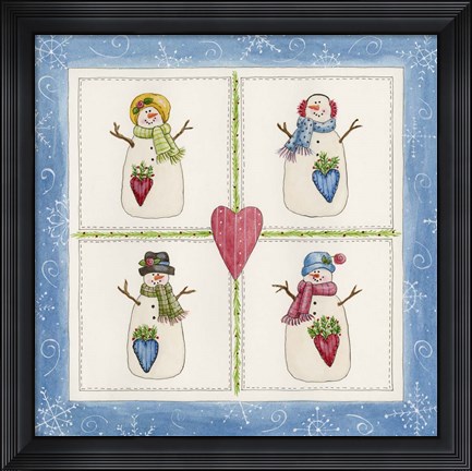 Framed Four Snowmen With Heart Pockets Print