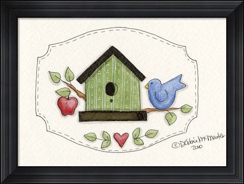 Framed Green Birdhouse With Bird Print