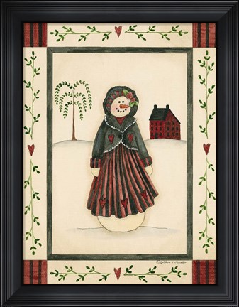 Framed Black &amp; Red Snowwoman With Red House Print