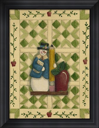 Framed Snowman Teacher With Apple &amp; Pencil Print