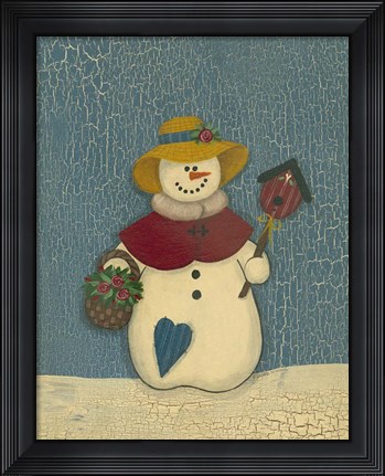 Framed Snowwoman With Crackle Background Print