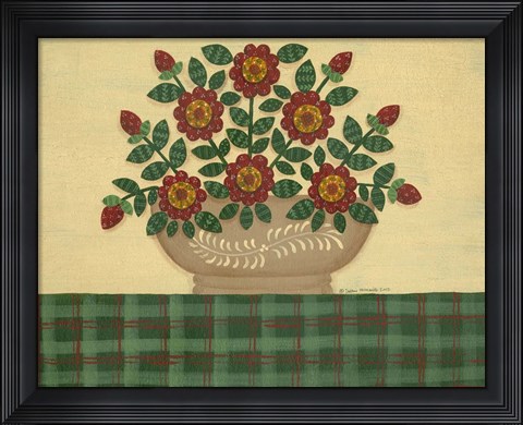 Framed Red Flowers With Dark Green Tablecloth Print