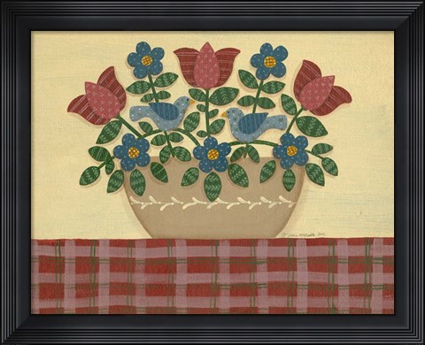Framed Red &amp; Blue Flowers With Red Tablecloth Print