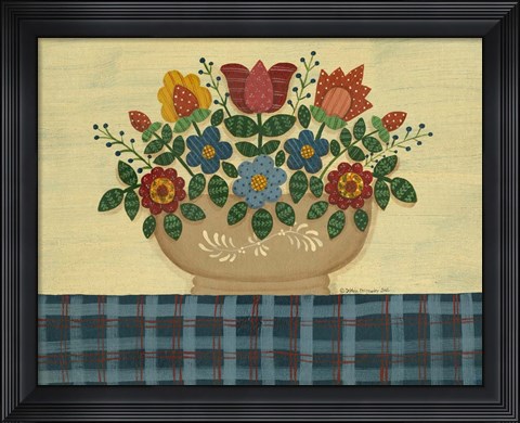 Framed Multi-Colored Flowers With Dark Blue Tablecloth Print