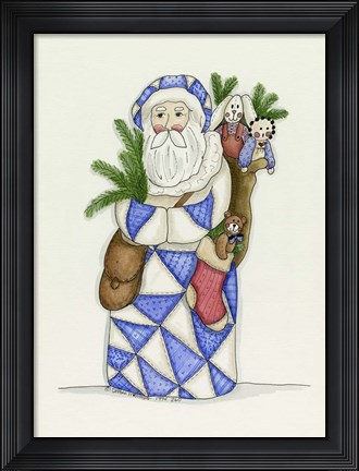 Framed Blue Patchwork Santa Print