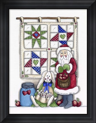 Framed Santa With Quilt &amp; Bunnies Print