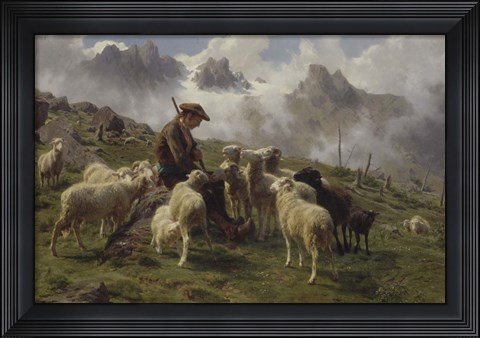 Framed Shepherd Boy in the Pyrenees Offering Salt to his Sheep, 1864 Print