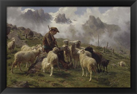 Framed Shepherd Boy in the Pyrenees Offering Salt to his Sheep, 1864 Print